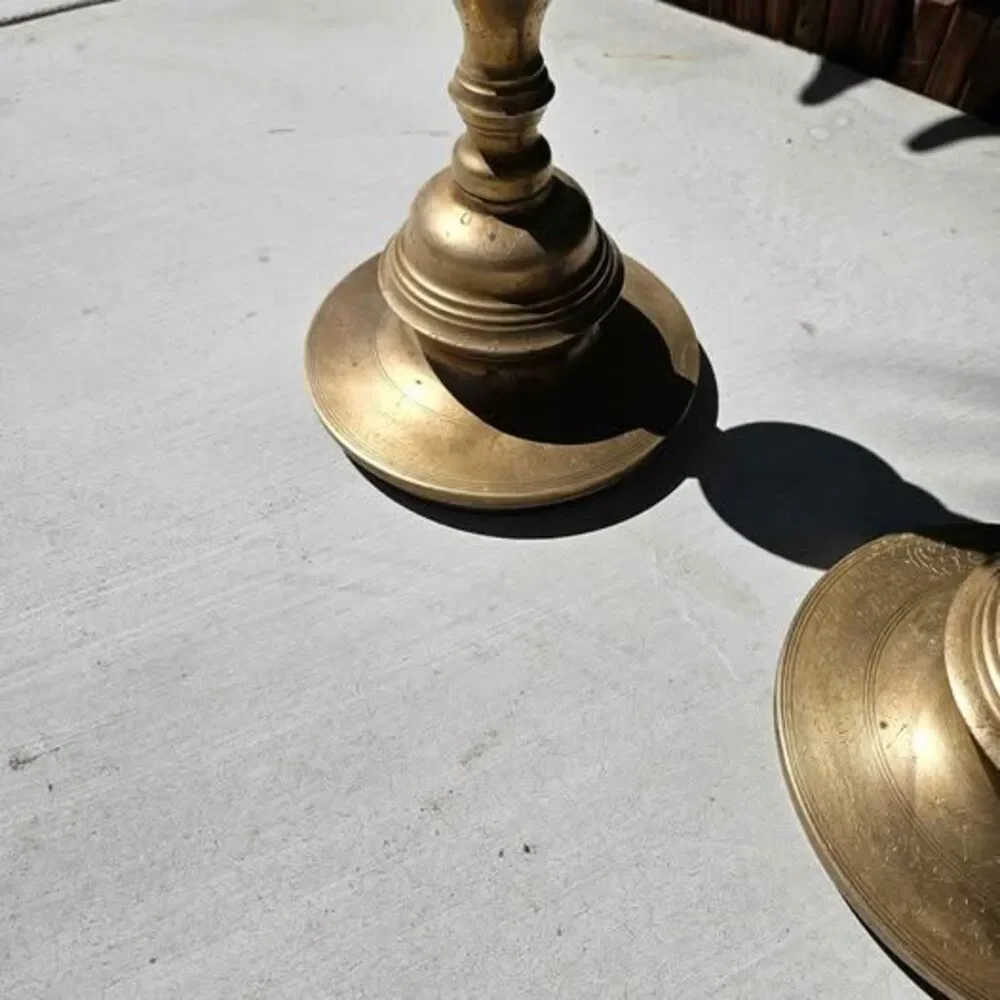 Vintage Pair of XLarge Etched Brass Floor Candle Holders